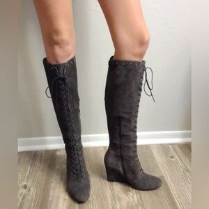 Stuart Weitzman Suede Knee-High Lace-Up Boots Grey 8.5